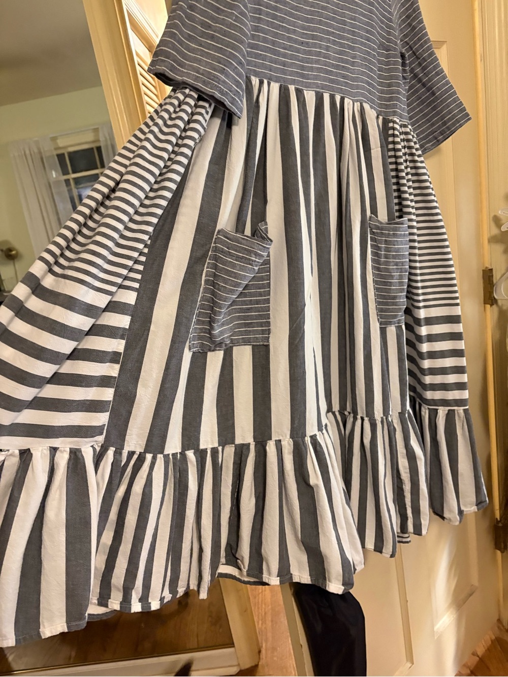 Gray and White Striped Linen / Cotton Ruffle-Hem Dress. Handmade. S.